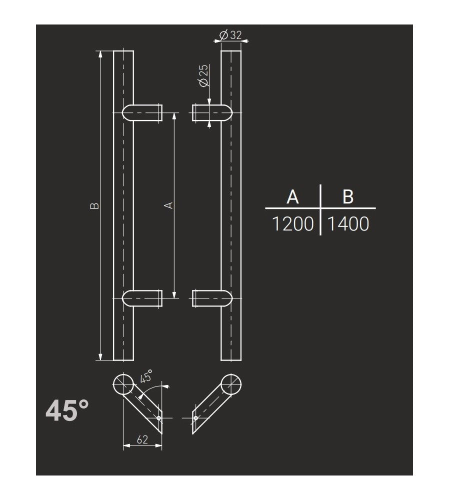7131 - Maner spatial pe ambele parti, Medos, material inox, diam. 32 mm, L 1400 mm, ase