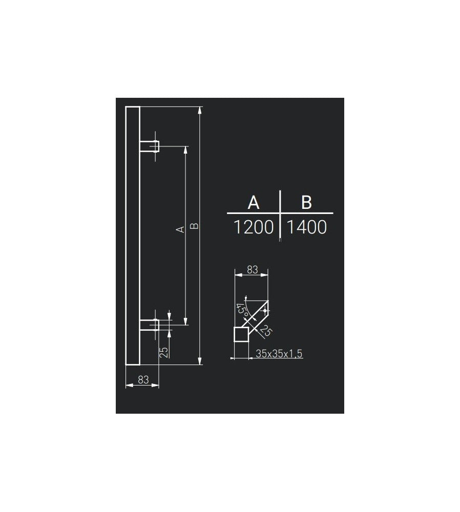 8979 - Maner spatial pe o singura parte, Medos, material inox mat, rectangular, L 1400 