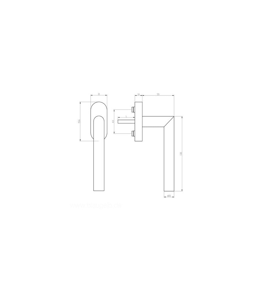 8670 - Maner geam termopan, blaugelb, material inox, forma 90 de grade, patrat 7/43 mm,