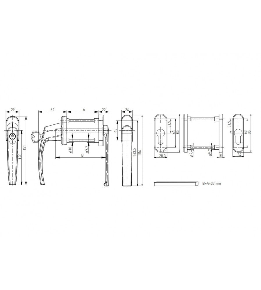 7721 - Maner usa de balcon asimetrica Victory cu cheie si rozeta culoare bronz