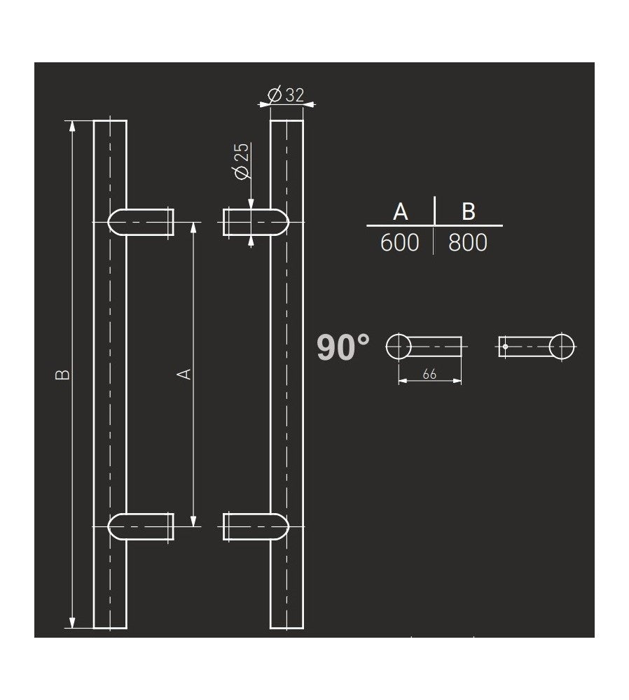 10837 - Maner spatial pe ambele parti, Medos, material inox, diam. 32 mm, L 800 mm, asez