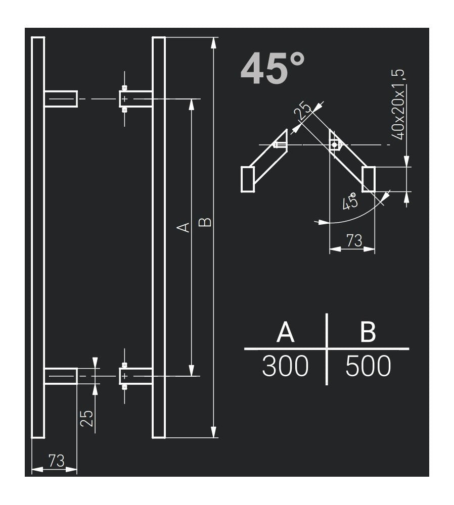 7803 - Maner spatial pe ambele parti, Medos, inox, rectangular, l 500 mm, la 45 de grad