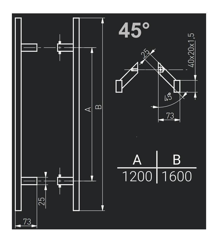 12401 - Maner spatial pe ambele parti, Medos, inox, rectangular, l 1600 mm, la 45 de gra