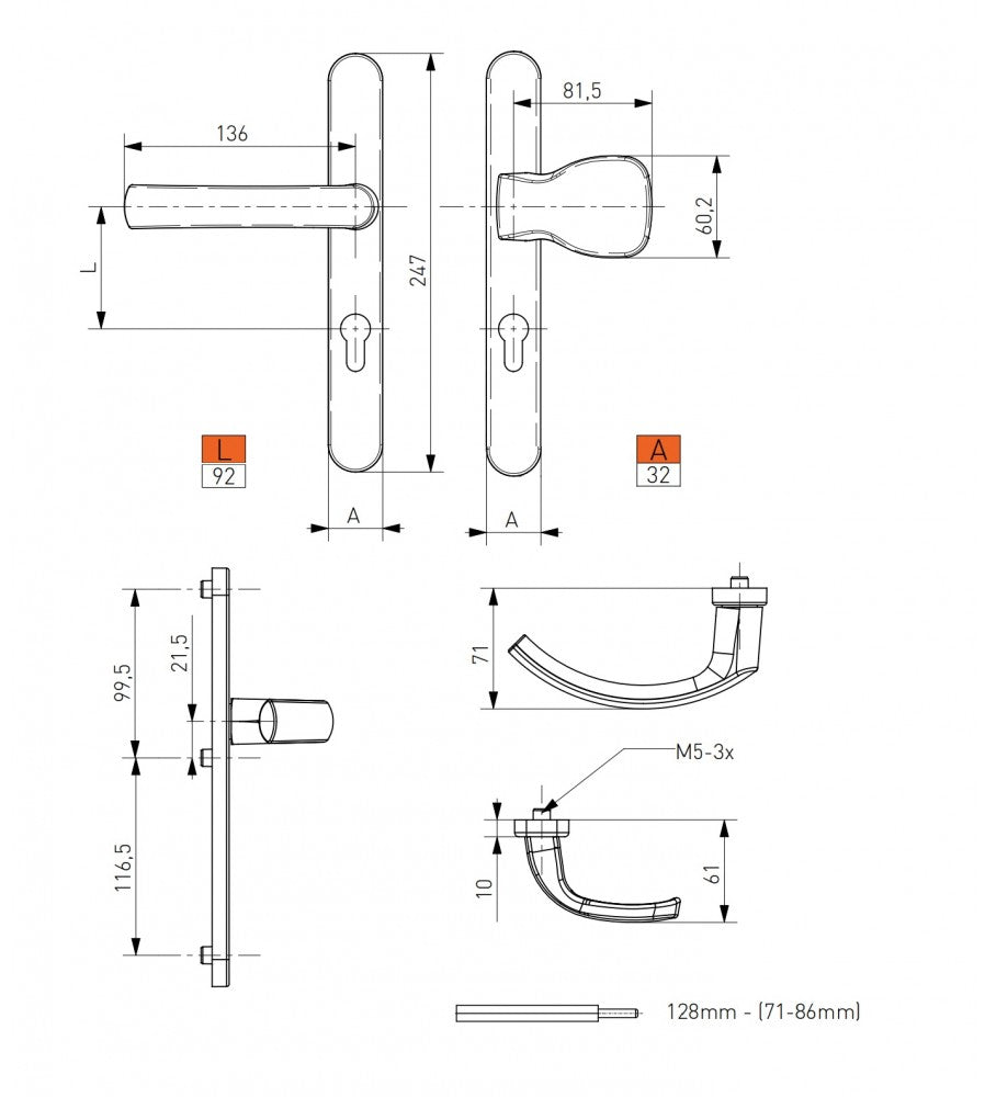 12402 - Maner usa termopan, Jowisz, exterior, 92 x 32 mm, buton fix, cu arc, material al