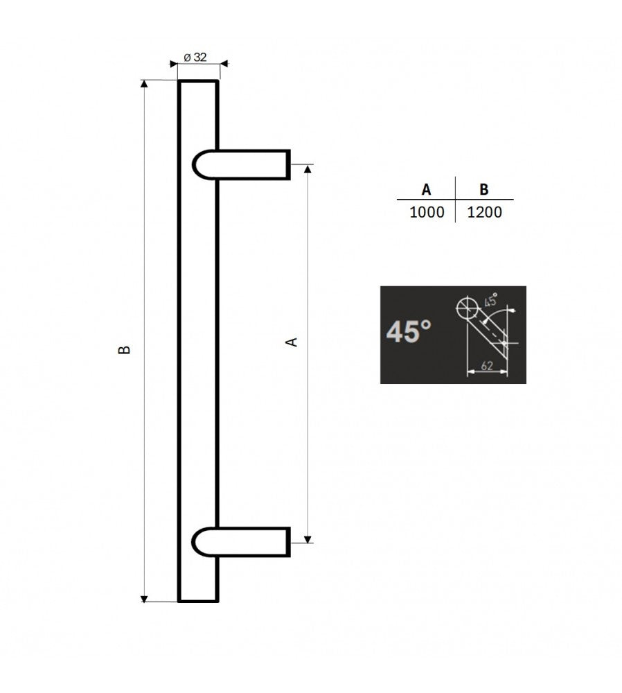16145 - Maner spatial Medos inox diametru 32 mm lungime 1200 mm asezare la 45 grade, cul