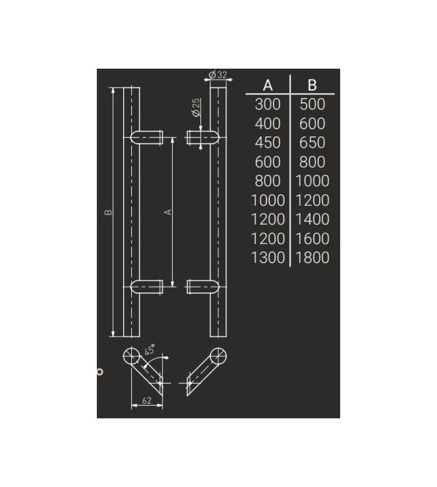 7195 - Maner spatial pe ambele parti, Medos, material inox, lungime 800 mm,  asezare la