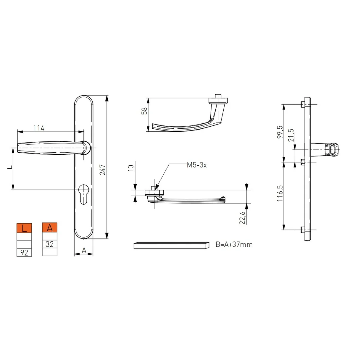 Maner usa termopan, Victory, exterior, asimetric, 92 x 32 mm, material aluminiu, culoare negru mat RAL9005