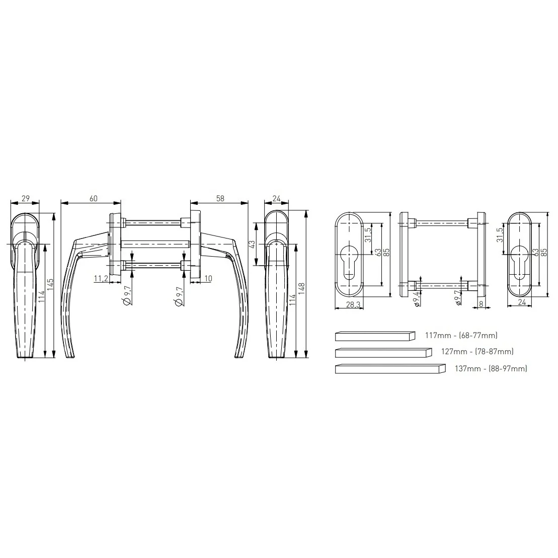 Maner usa de balcon simetrica Victory cu rozeta pentru cilindru culoare argintiu