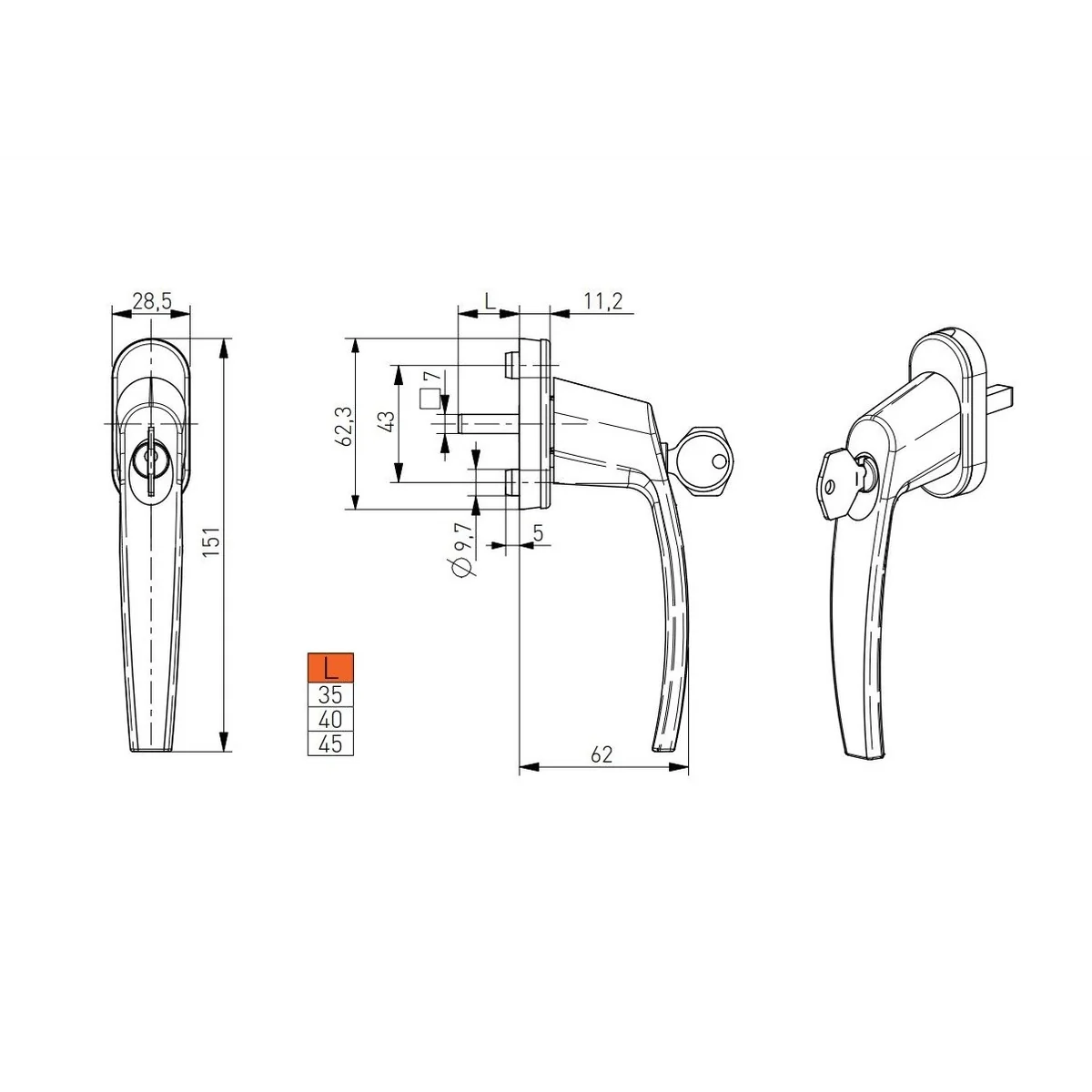 Maner de fereastra cu cheie, Victory, lungimea patratului 40 mm, sectiune patrat 7 mm, aluminiu, culoare maro RAL 8077