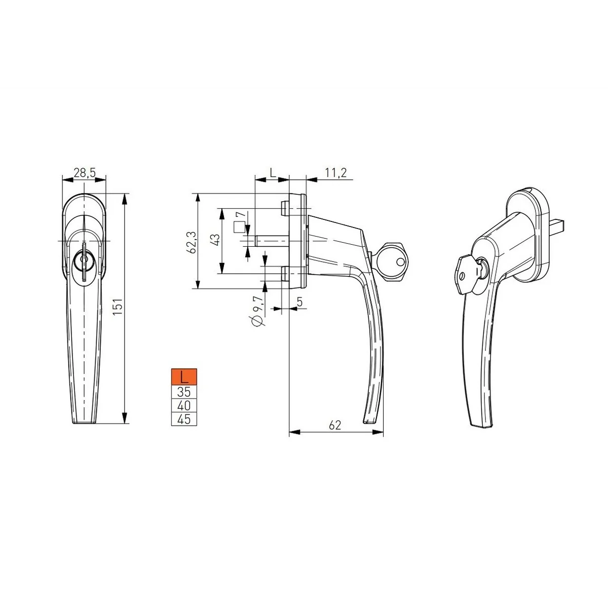 Maner de fereastra cu cheie, Victory, lungimea patratului 40 mm, sectiune patrat 7 mm, aluminiu, culoare titan