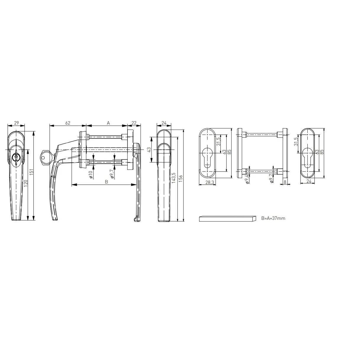 Maner usa de balcon asimetrica Victory cu cheie si rozeta culoare alb RAL 9016