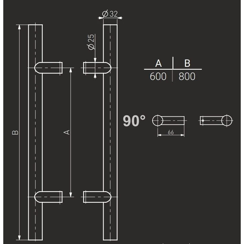 Maner spatial pe ambele parti, Medos, material inox, diam. 32 mm, L 800 mm, asezare la 90 de grade, cu acc. de prindere.