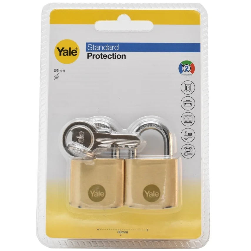 Set lacate Yale din alama corp 30 mm, 2 bucati, veriga ingropata cheie unica, nivel standard de protectie Y110B/30/115/2