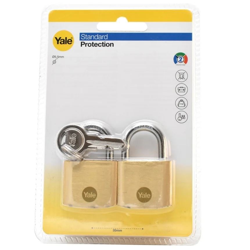 Set lacate Yale din alama corp 35 mm, 2 bucati, veriga ingropata cheie unica, nivel standard de protectie