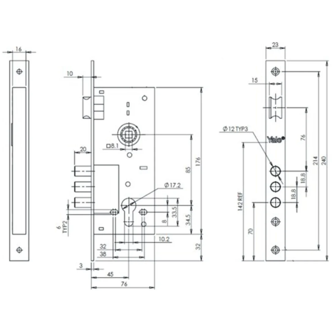 Broasca usa metalica, ingropata, Yale, inchidere 3 bolturi, placa 23 mm, dornmass 45 mm, interax 85 mm, 51269006