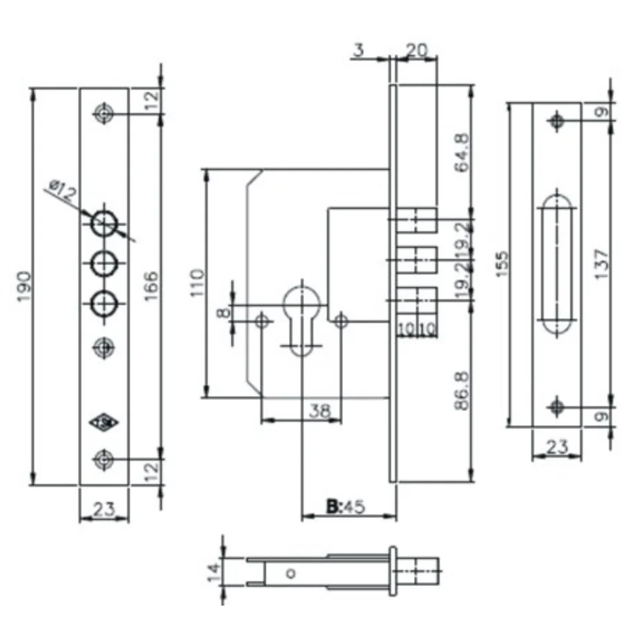 Broasca usa metalica, ingropata, Yale, inchidere cu 3 bolturi, placa frontala 190 mm, dornmass 45 mm, 189-3M N OEM