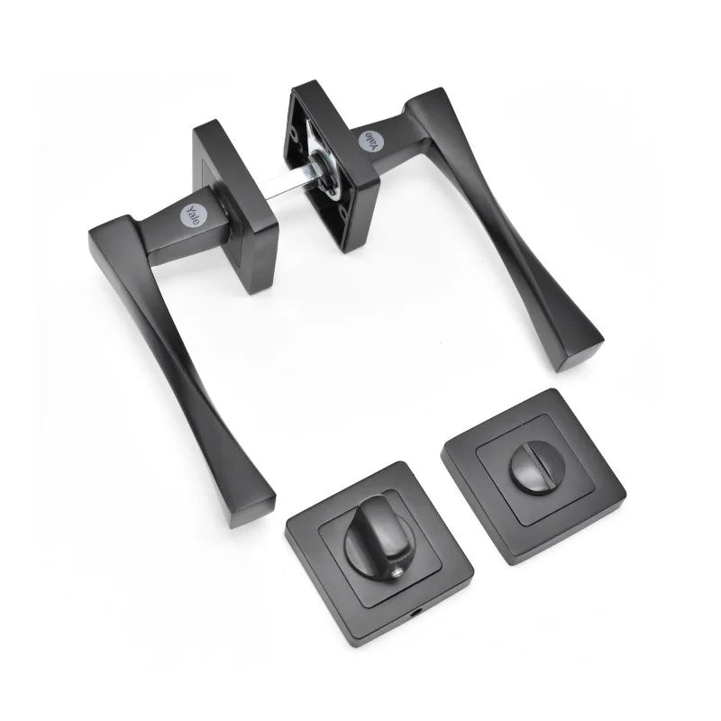 Set manere cu arc pentru usi de interior din lemn Yale Verona cu rozete pentru baie culoare negru mat 35-ZR-8x8-A001-WC-56-11