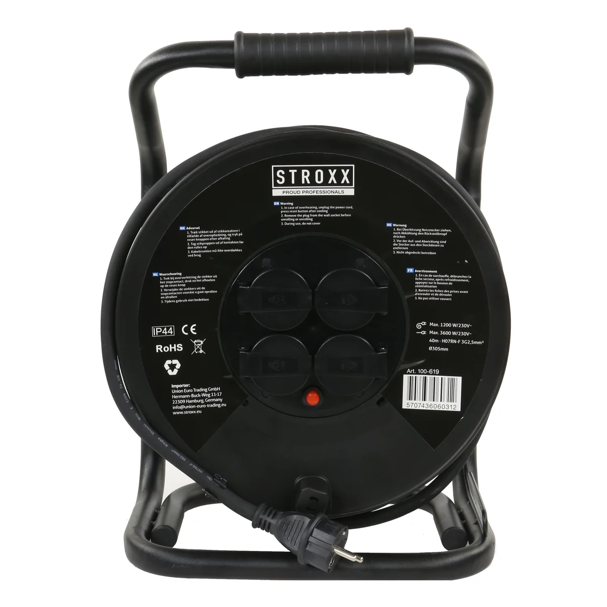Prelungitor de curent izolatie neopren 40 metri, pe tambur cu 4 prize, IP44, STROXX