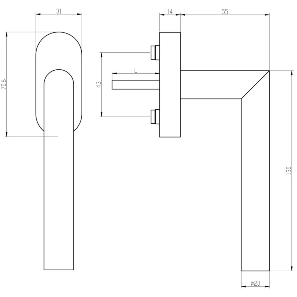 Maner geam termopan, blaugelb, material inox, forma 90 de grade, patrat 7/37mm, culoare inox