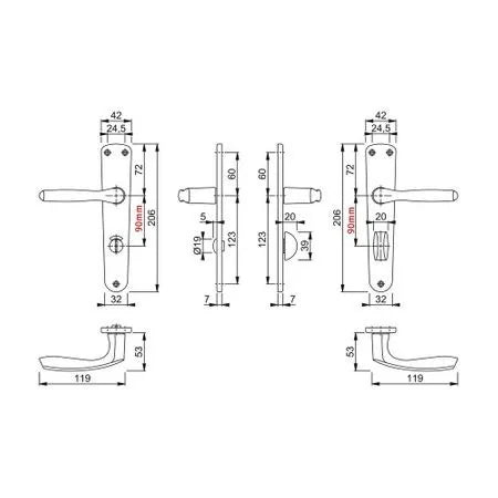 Maner usa interior, Hoppe Milano, cu sild pentru WC, material aluminiu, culoare bronz, 90 x 32 mm