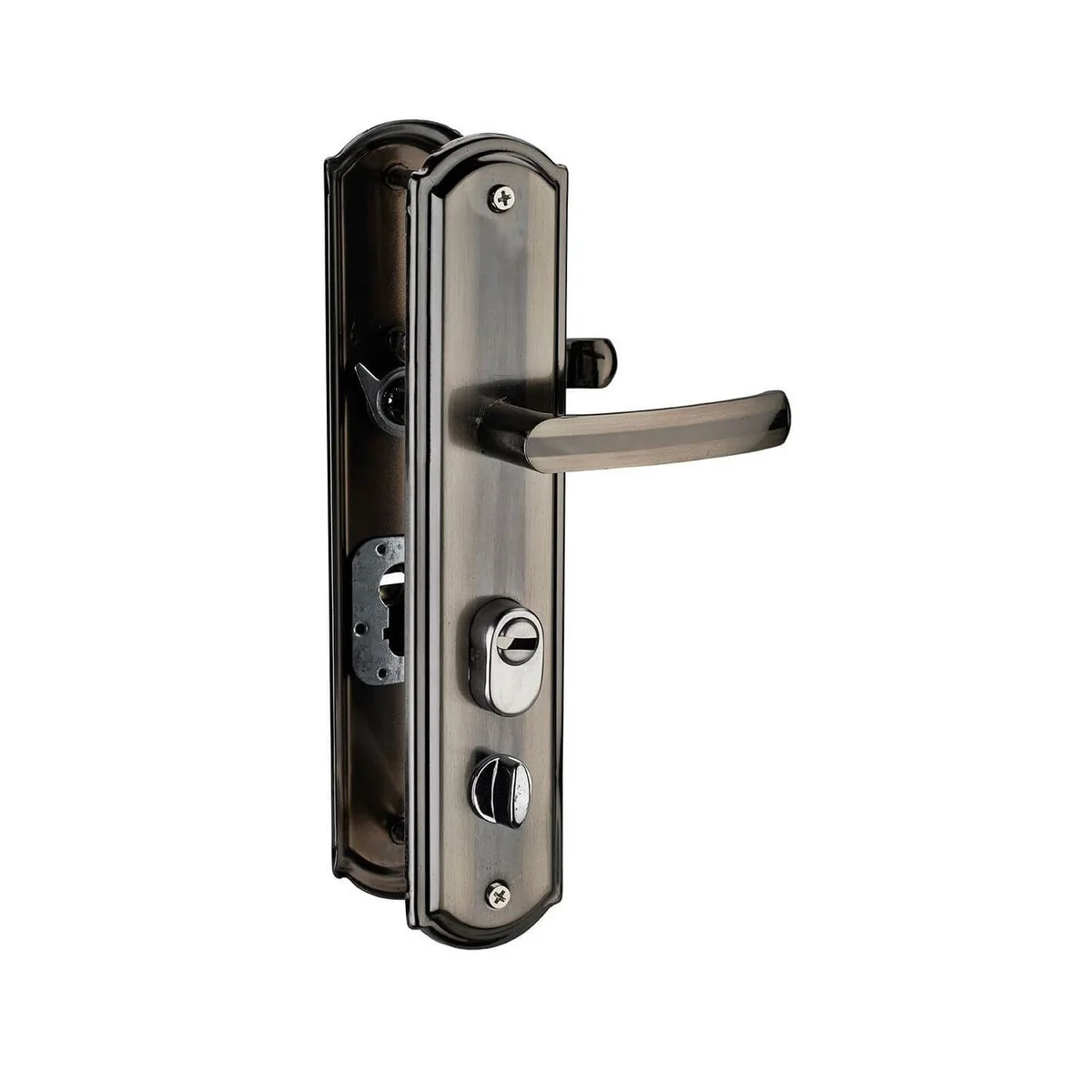 Maner pentru usa metalica, Thirard, pentru broasca incastrata stanga, cu sild si arc, culoare argintiu anodizat, 76x59.5 mm