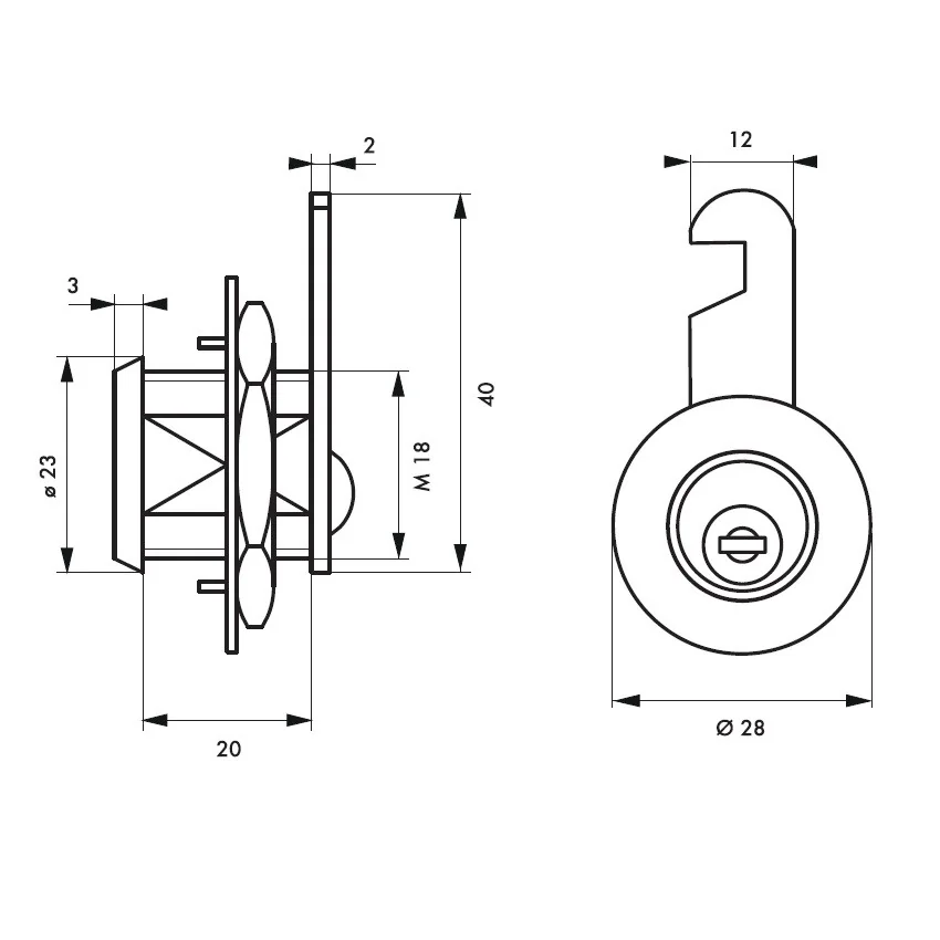 Zavor cu cilindru si cama Thirard, cu lungimea partii filetate 20 mm, 2 chei