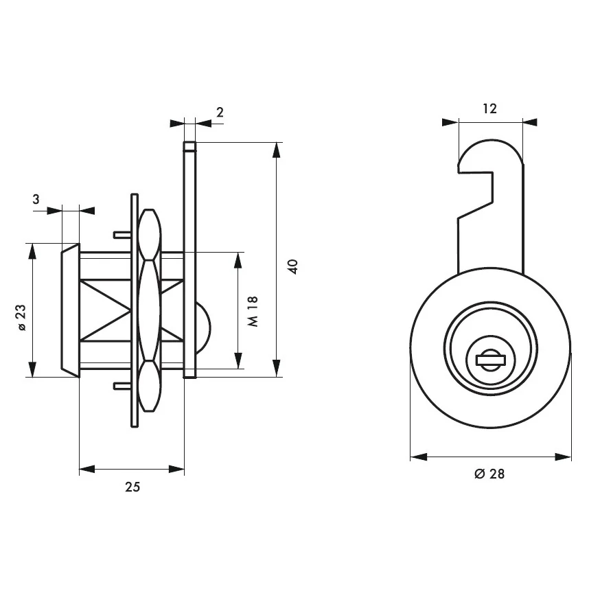Zavor cu cilindru si cama Thirard, cu lungimea partii filetate 25 mm, 2 chei