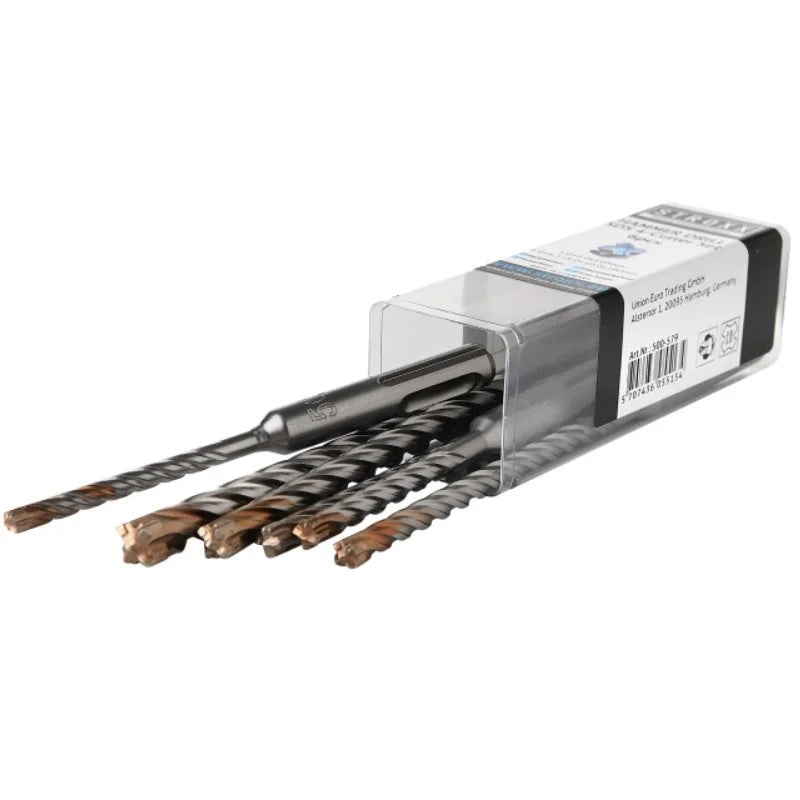 Set burghie STROXX pentru gaurire cu percutie, coada SDS-PLUS, 4 muchii de gaurire, diametre si lungimi diferite, 6 piese