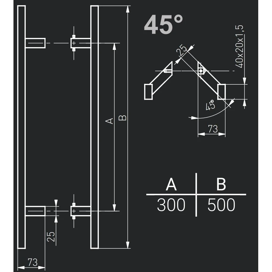 Maner spatial pe ambele parti, Medos, inox, rectangular, l 500 mm, la 45 de grade, cu accesorii de prindere