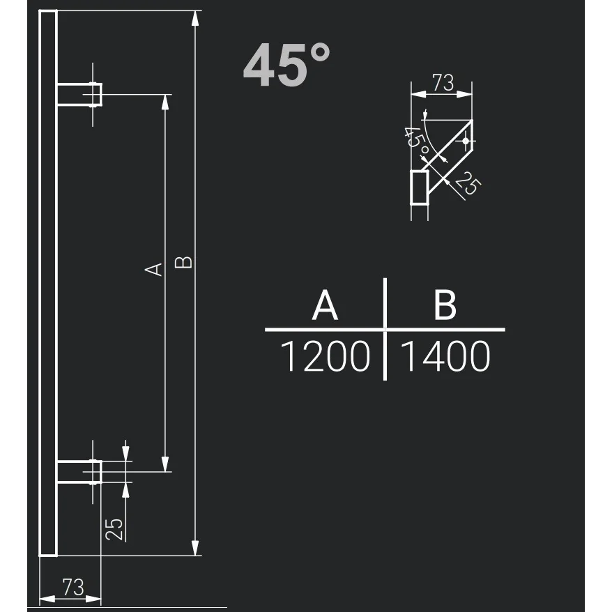 Maner spatial pe o singura parte, Medos, inox mat, rectangular, l 1400 mm, la 45 de grade, fara accesorii de prindere