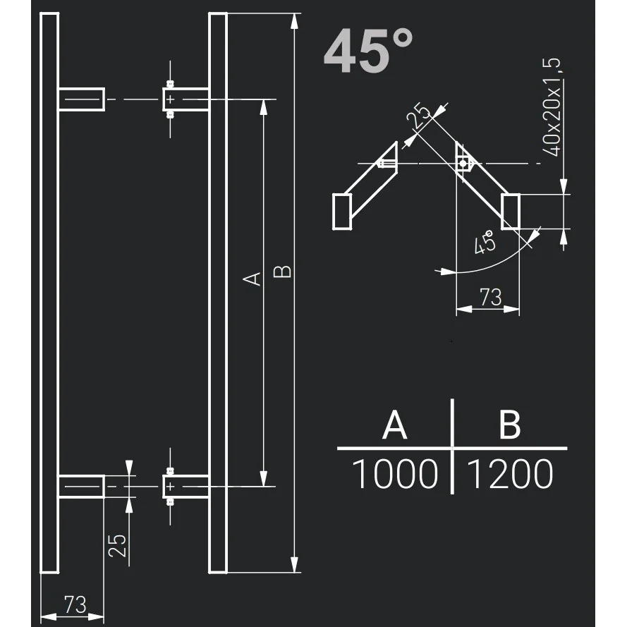 Maner spatial pe ambele parti, Medos, inox, rectangular, l 1200 mm, la 45 de grade, cu accesorii de prindere