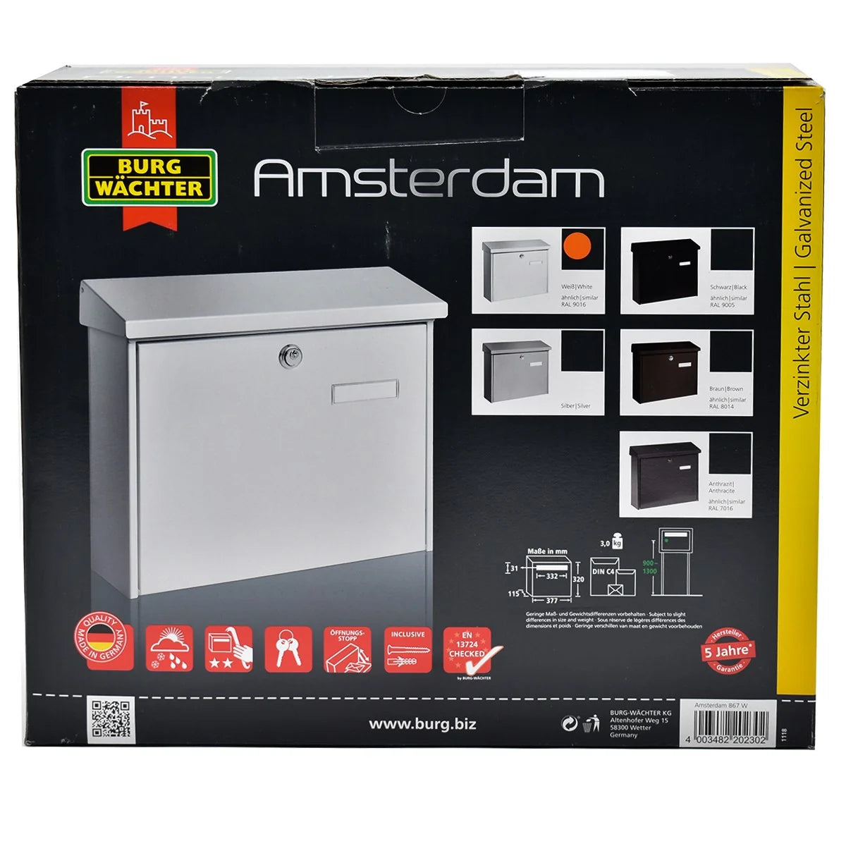 Cutie postala Premium BURG-WACHTER model Amsterdam 867 din otel galvanizat cu incuiere 2 chei culoare alb 320 x 377 x 115 mm