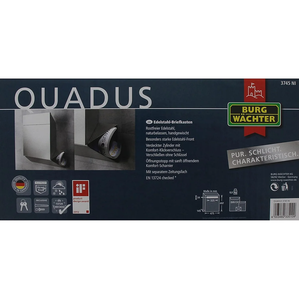 Cutie postala Premium BURG-WACHTER model Quadus 3745 NI din inox cu incuiere 2 chei, culoare inox 497 x 475 x 145 mm