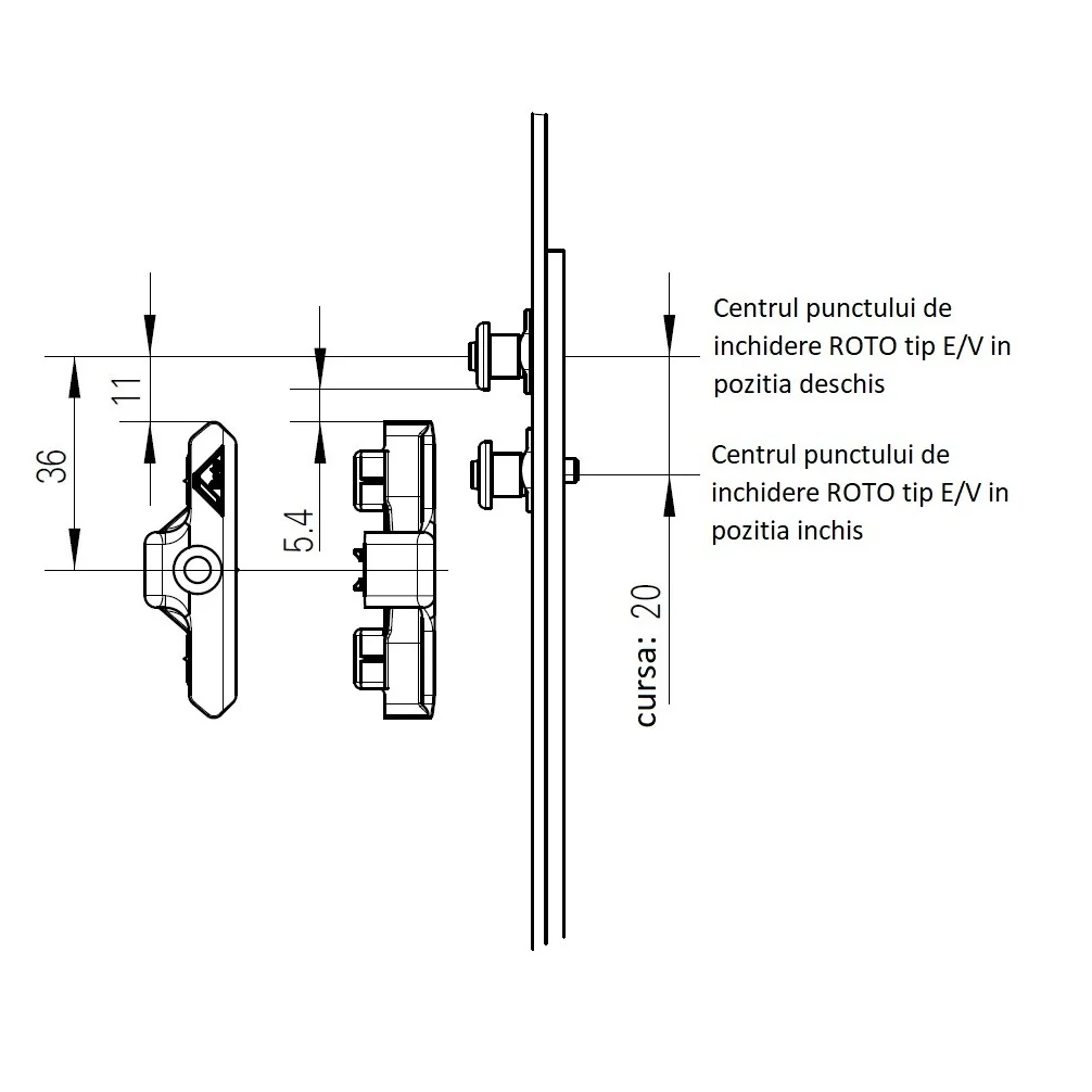 Blocaj toc ROTO NT E5 pentru usi termoizolante din lemn profil euronut 7/8, ax feronerie 9 mm