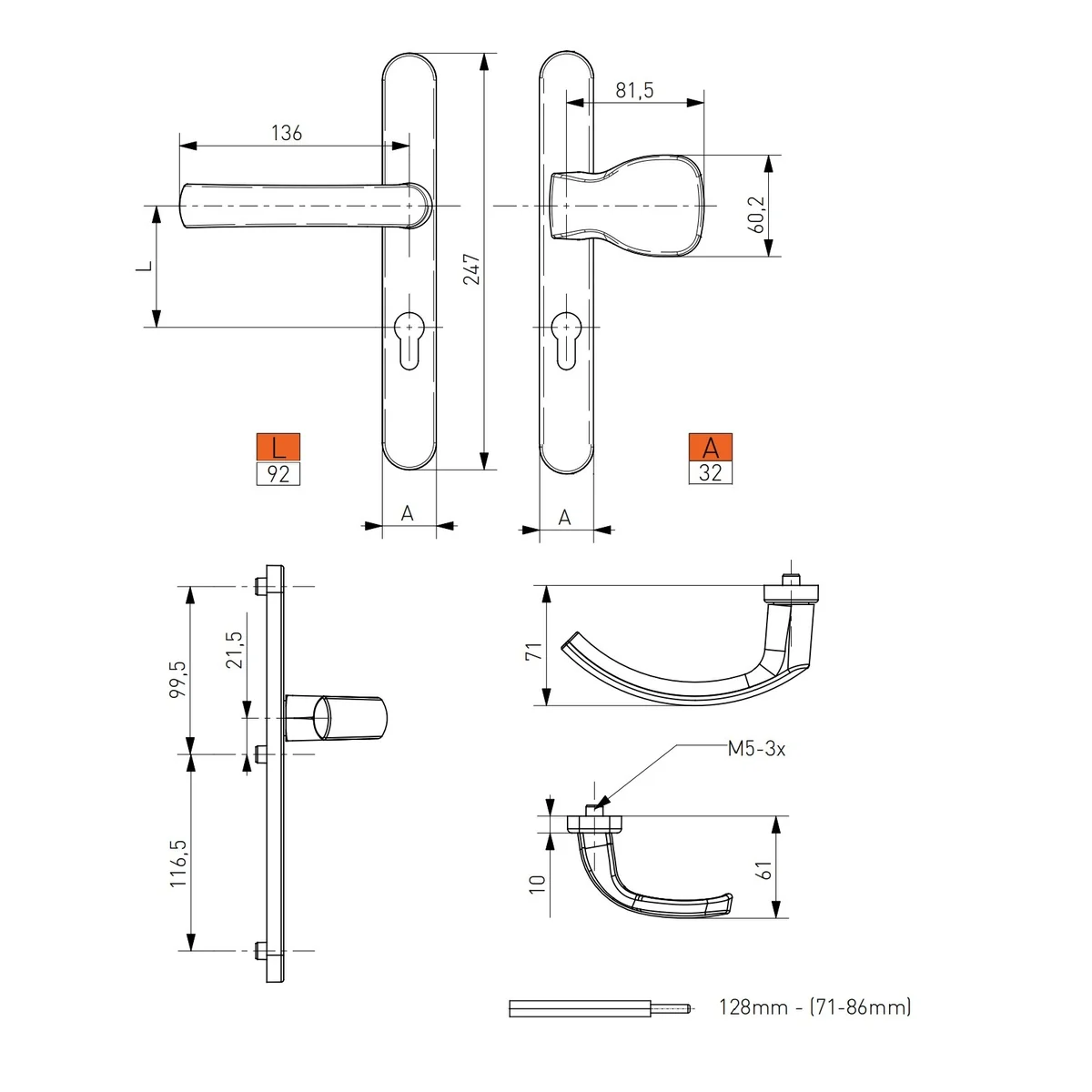 Maner usa termopan, Jowisz, exterior, 92 x 32 mm, buton fix, cu arc, material aluminiu, culoare argintiu