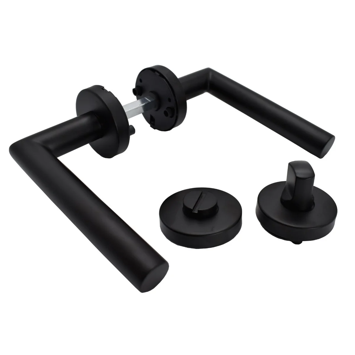 Maner usa interior STROXX cu rozeta pentru baie si maner la 90 de grade, material inox culoare negru mat