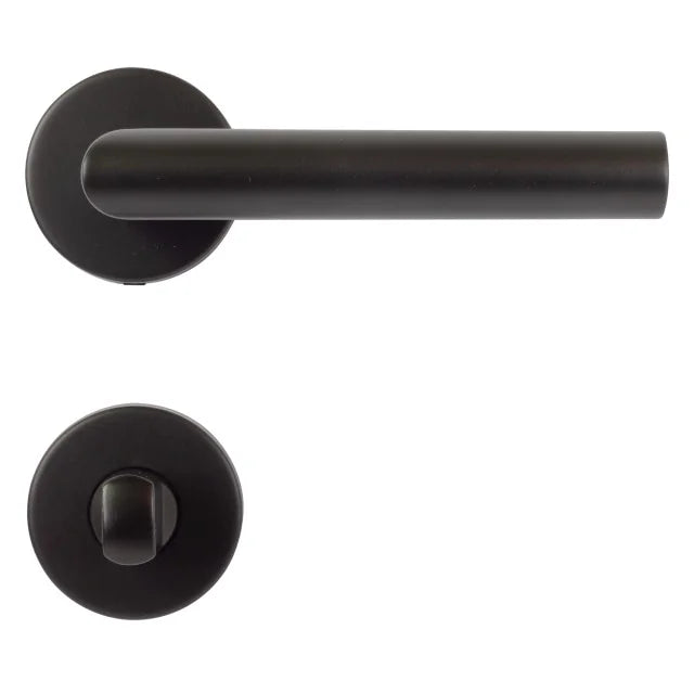 Maner usa interior STROXX cu rozeta pentru baie si maner la 90 de grade, material inox culoare negru mat