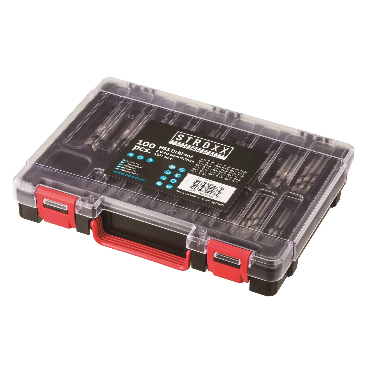 Set burghie 100 piese STROXX, HSS, coada cilindrica, diametru 1-10 mm, 4241 + DIN 338