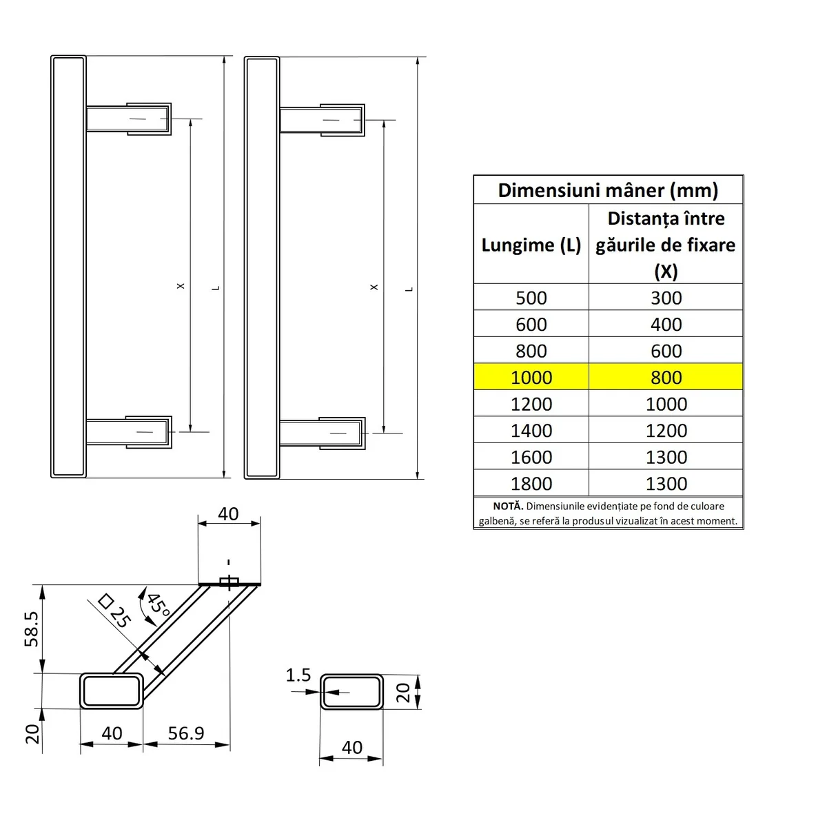 Set maner spatial pe ambele parti WALA din inox 304 rectangular lungime 1000 mm asezare la 45 de grade cu accesorii de prindere