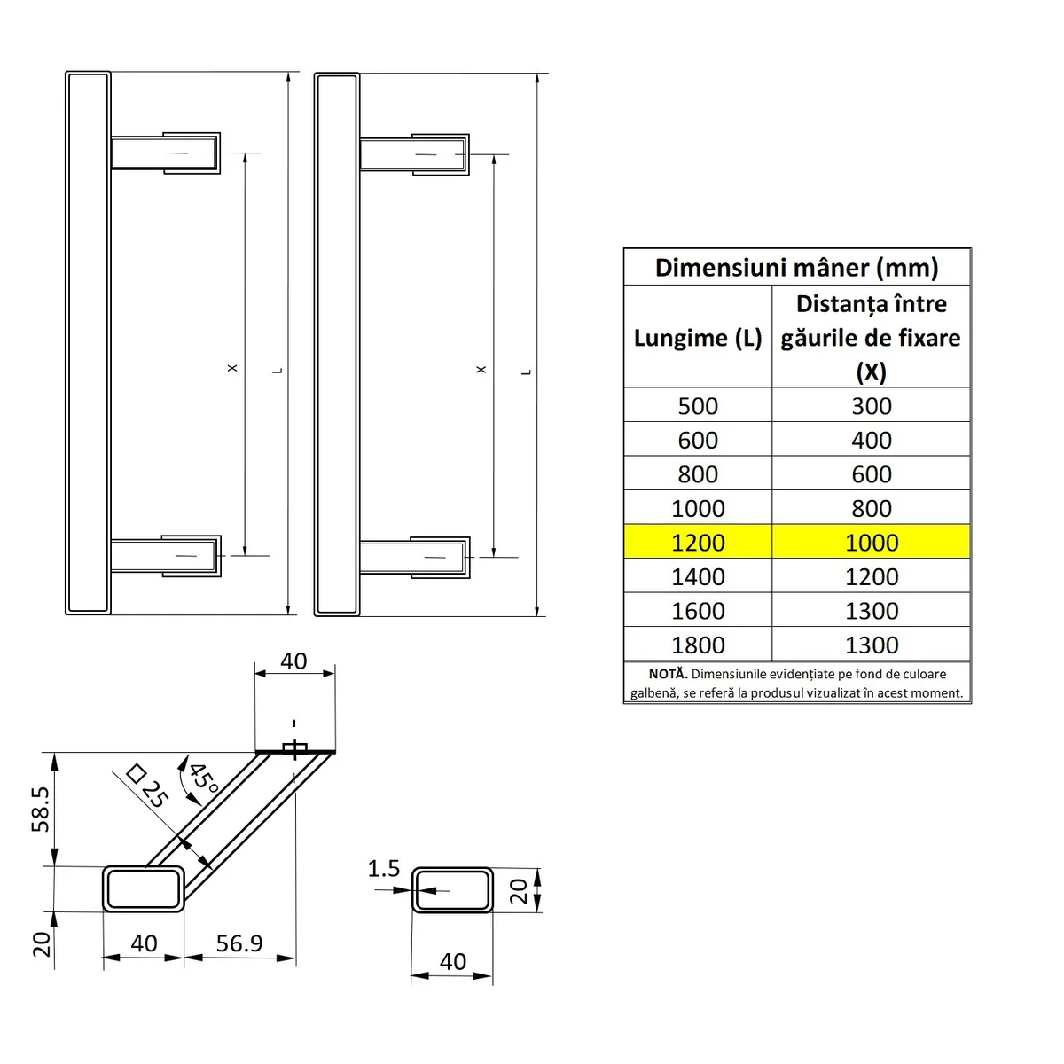 Set maner spatial pe ambele parti WALA din inox 304 rectangular lungime 1200 mm asezare la 45 de grade cu accesorii de prindere