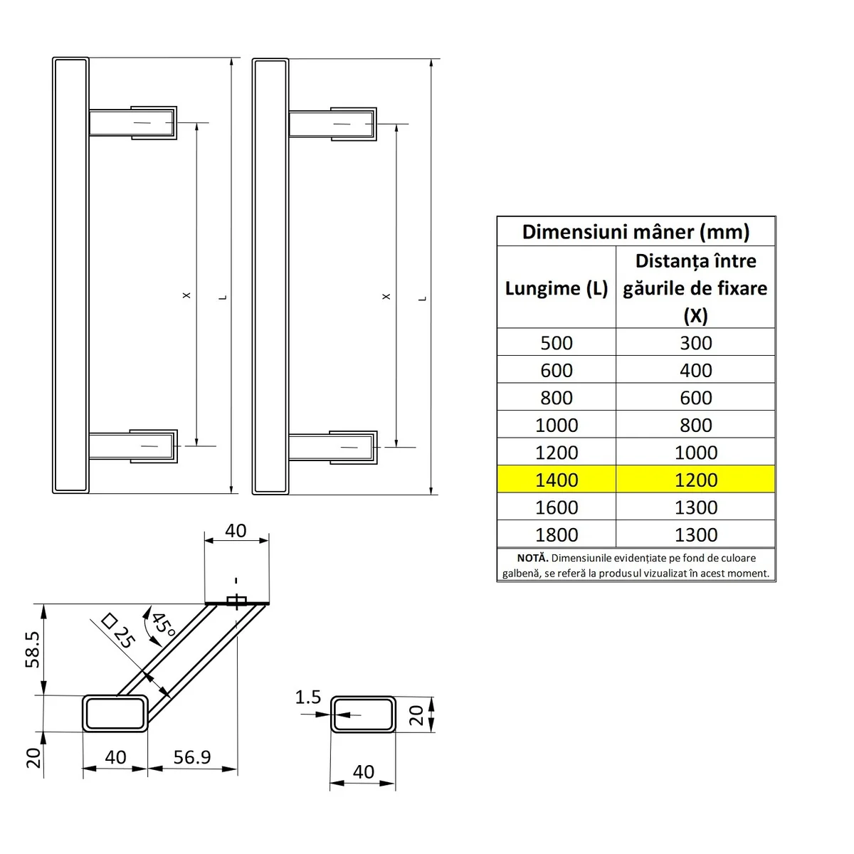 Set maner spatial pe ambele parti WALA din inox 304 rectangular lungime 1400 mm asezare la 45 de grade cu accesorii de prindere