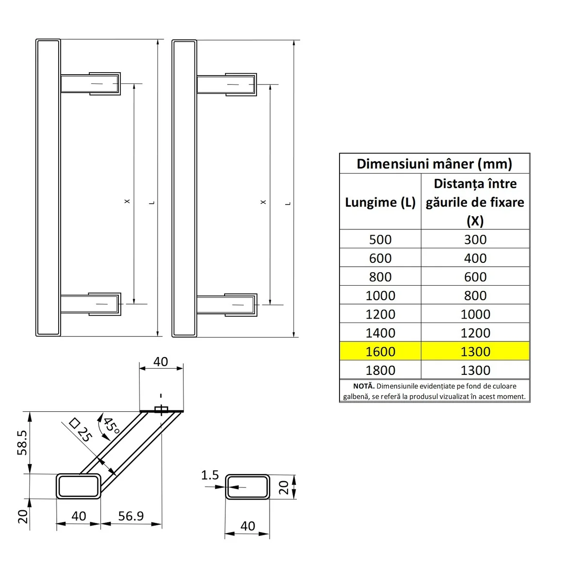 Set maner spatial pe ambele parti WALA din inox 304 rectangular lungime 1600 mm asezare la 45 de grade cu accesorii de prindere
