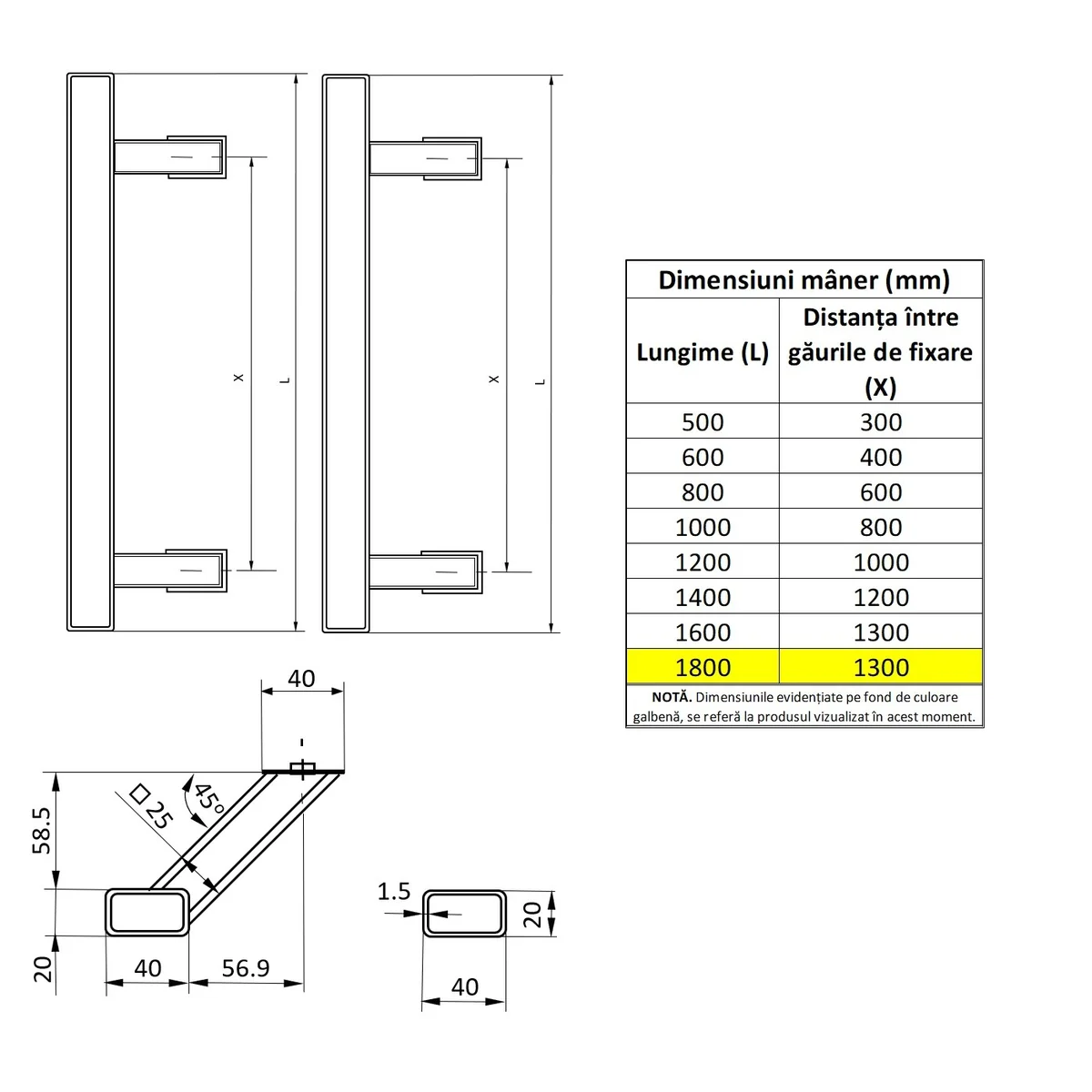 Set maner spatial pe ambele parti WALA din inox 304 rectangular lungime 1800 mm asezare la 45 de grade cu accesorii de prindere