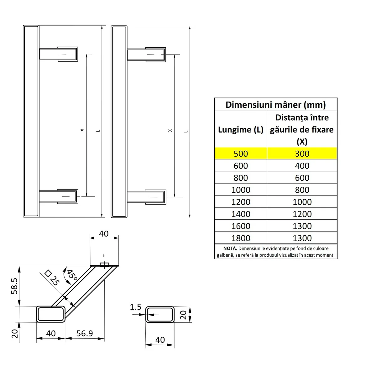 Set maner spatial pe ambele parti WALA din inox 304 rectangular lungime 500 mm asezare la 45 de grade cu accesorii de prindere