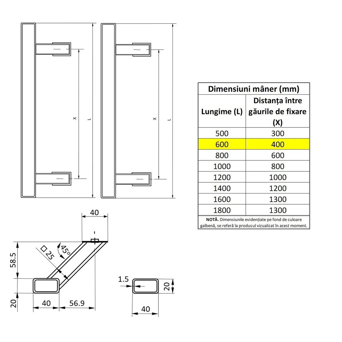 Set maner spatial pe ambele parti WALA din inox 304 rectangular lungime 600 mm asezare la 45 de grade cu accesorii de prindere