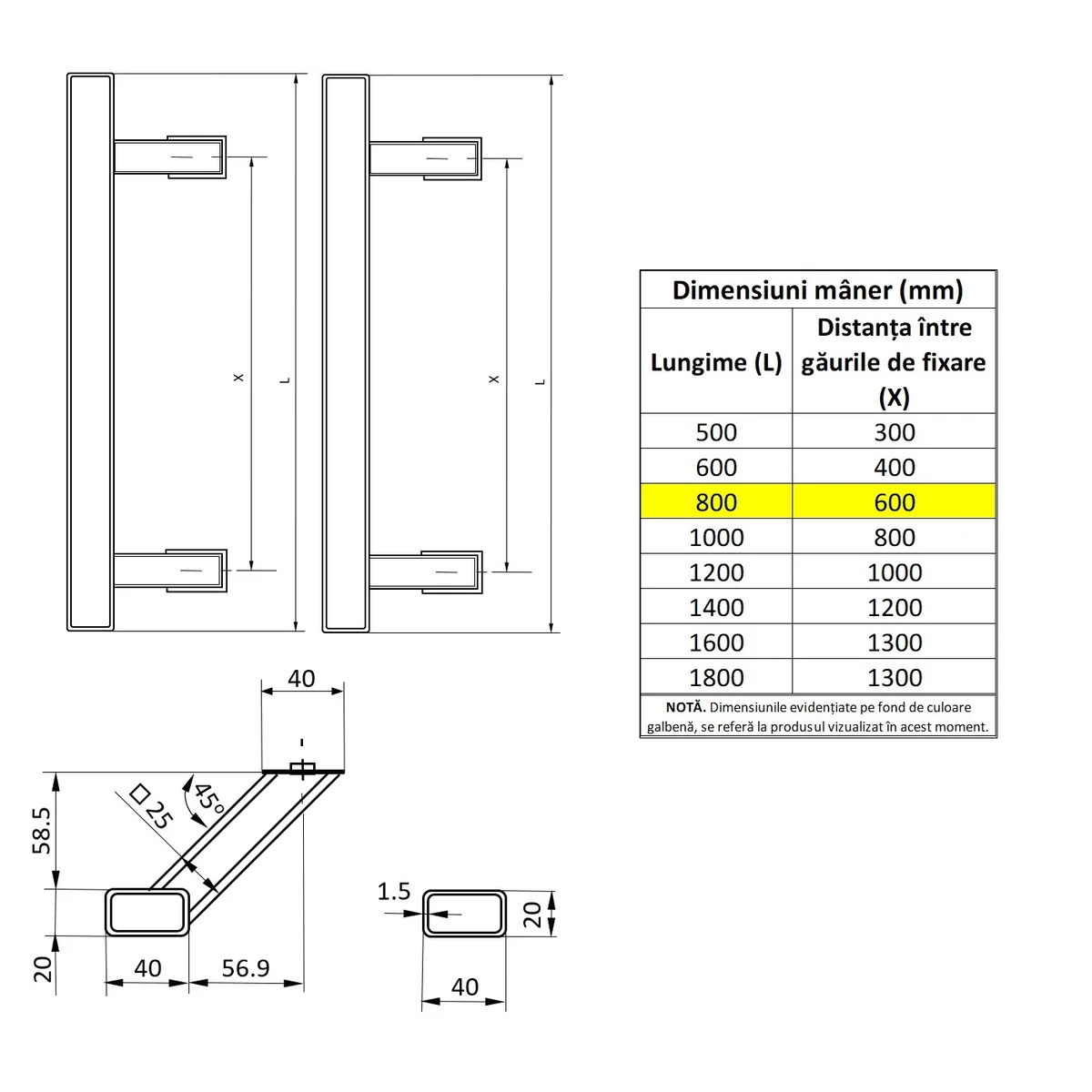 Set maner spatial pe ambele parti WALA din inox 304 rectangular lungime 800 mm asezare la 45 de grade cu accesorii de prindere