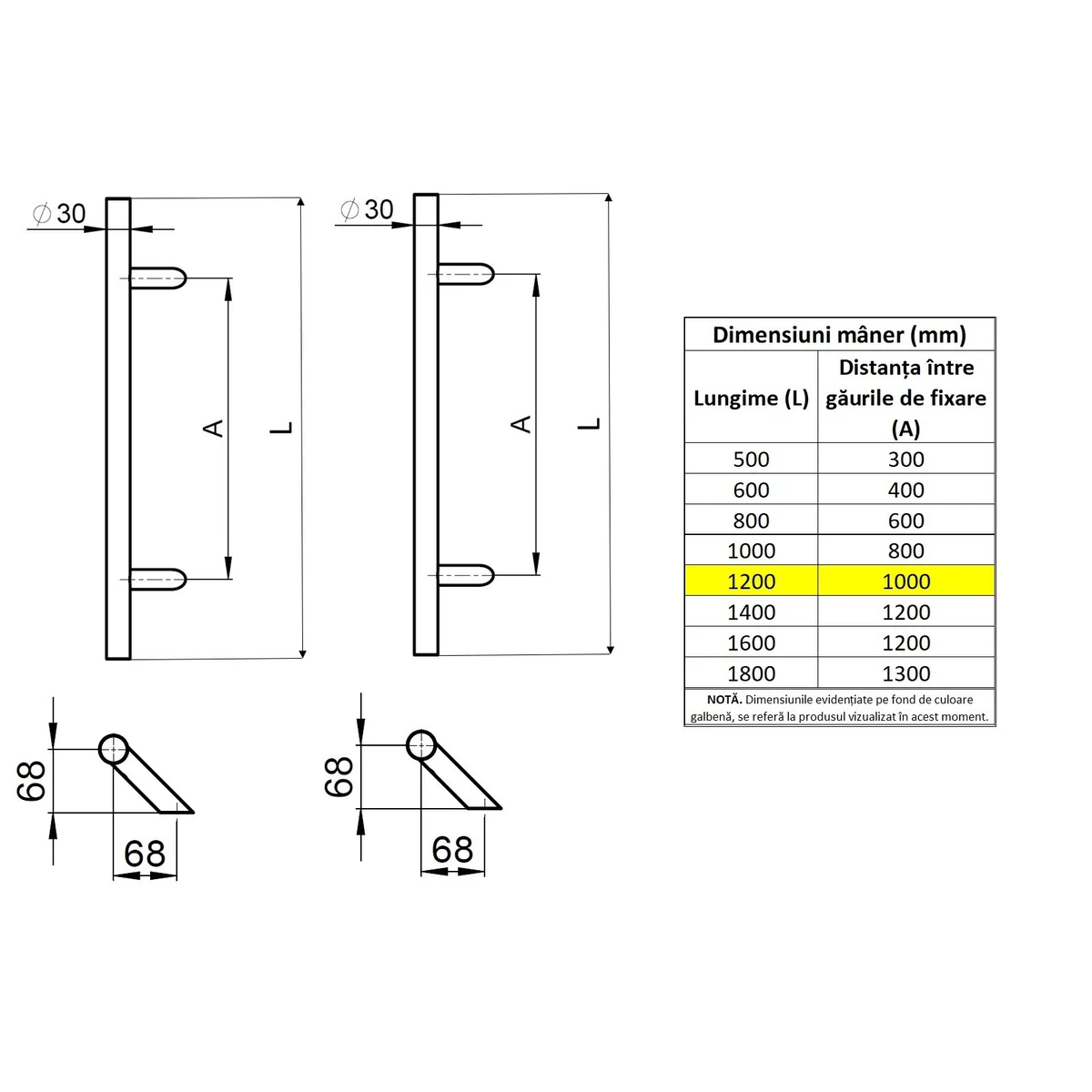 Set maner spatial pe ambele parti WALA din inox 304 rotund 30 mm lungime 1200 mm asezare la 45 de grade cu accesorii de prindere