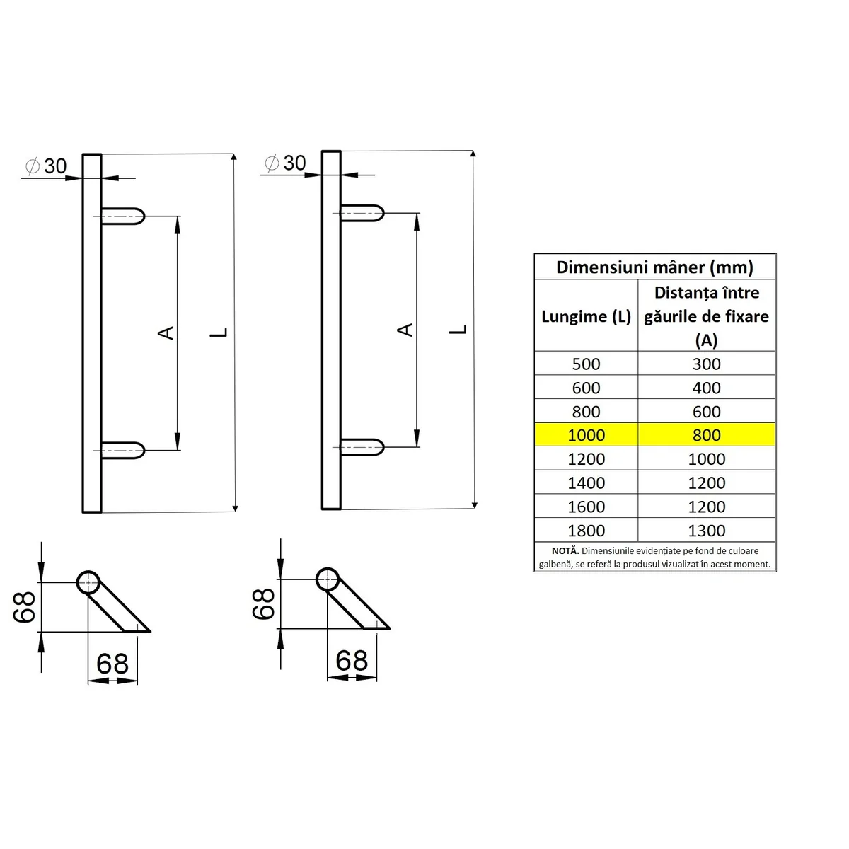 Set maner spatial pe ambele parti WALA din inox 304 rotund 30 mm lungime 1000 mm asezare la 45 de grade cu accesorii de prindere