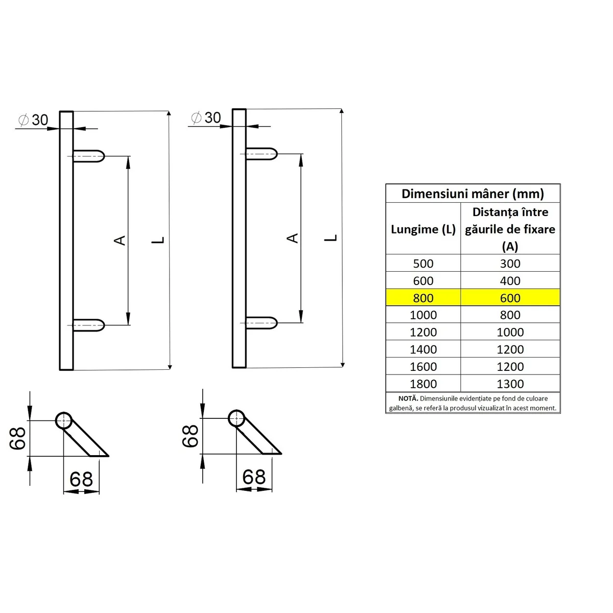 Set maner spatial pe ambele parti WALA din inox 304 rotund 30 mm lungime 800 mm asezare la 45 de grade cu accesorii de prindere
