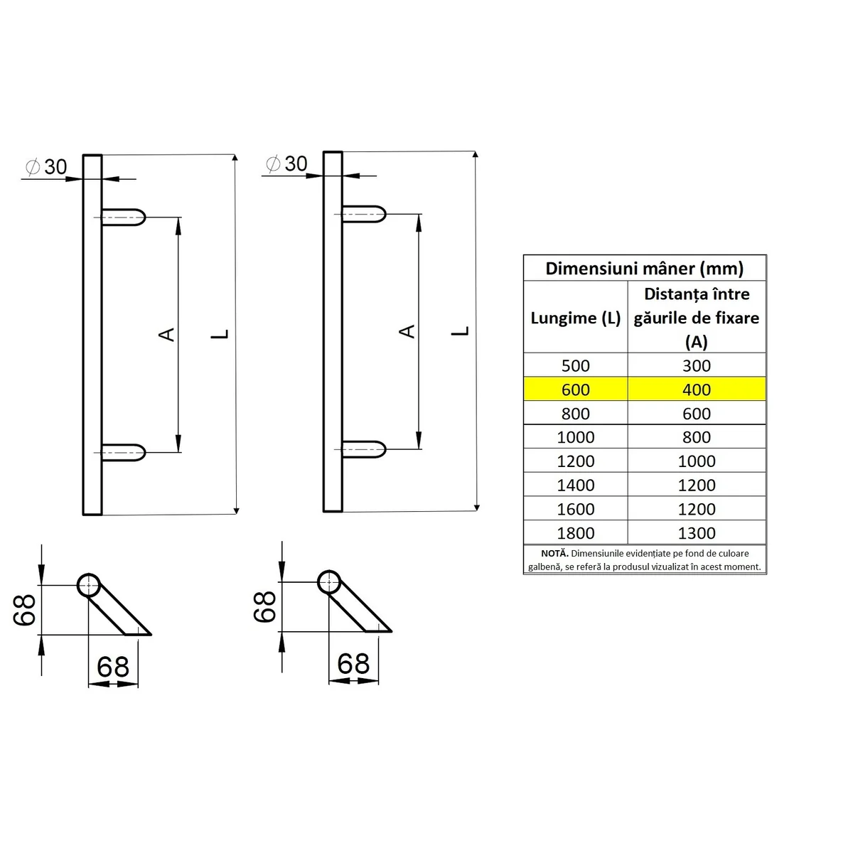 Set maner spatial pe ambele parti WALA din inox 304 rotund 30 mm lungime 600 mm asezare la 45 de grade cu accesorii de prindere